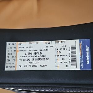 Dierks Bentley Ticket Stub for event held at Cherokee Event Center ,Cherokee,NC.